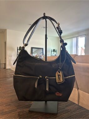 Dooney and Bourke Black Nylon Shoulder Bag with Gold Hardware